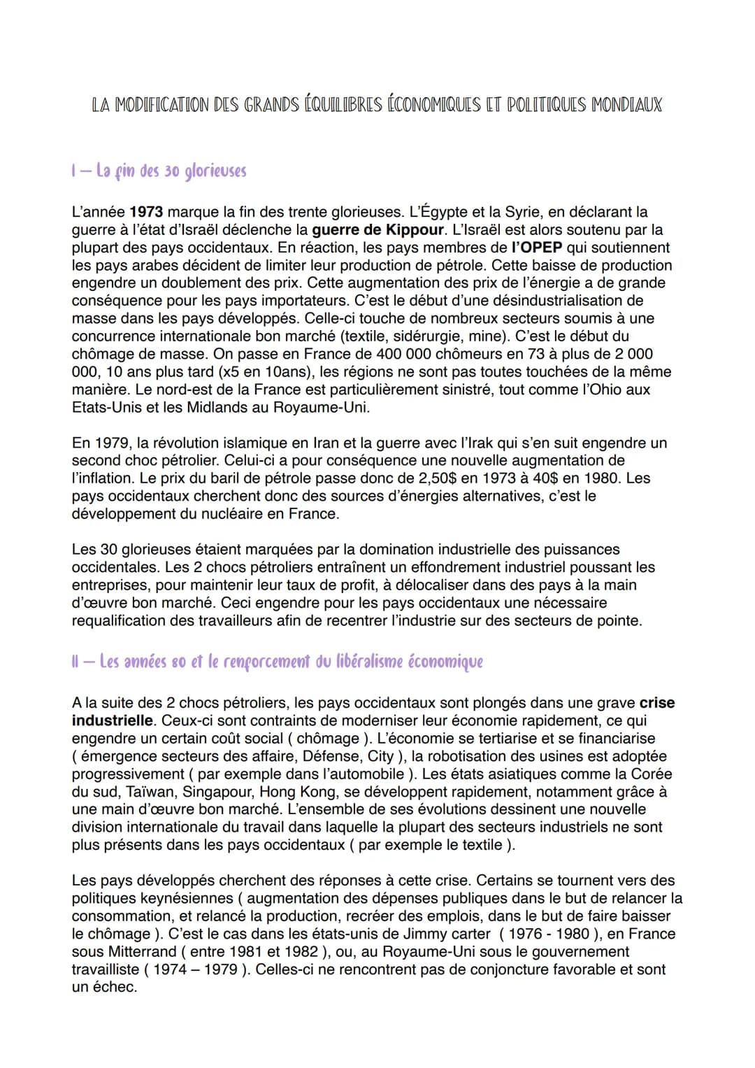 LA MODIFICATION DES GRANDS ÉQUILIBRES ÉCONOMIQUES ET POLITIQUES MONDIAUX
1-La fin des 30 glorieuses
L'année 1973 marque la fin des trente gl
