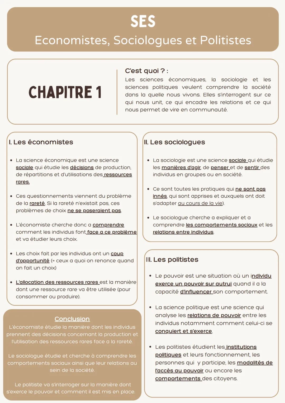 SES
Economistes, Sociologues et Politistes
CHAPITRE 1
C'est quoi ?:
Les sciences économiques, la sociologie et les
sciences politiques veule