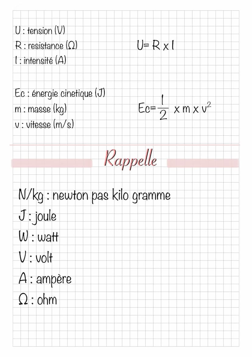 p: masse volumique (kg/m3)
m: masse (kg)
V: volume (m3)
v: vitesse (m/s)
d: distance (m)
+: temps (s)
Physique chimie
P: poids (N)
m: masse 