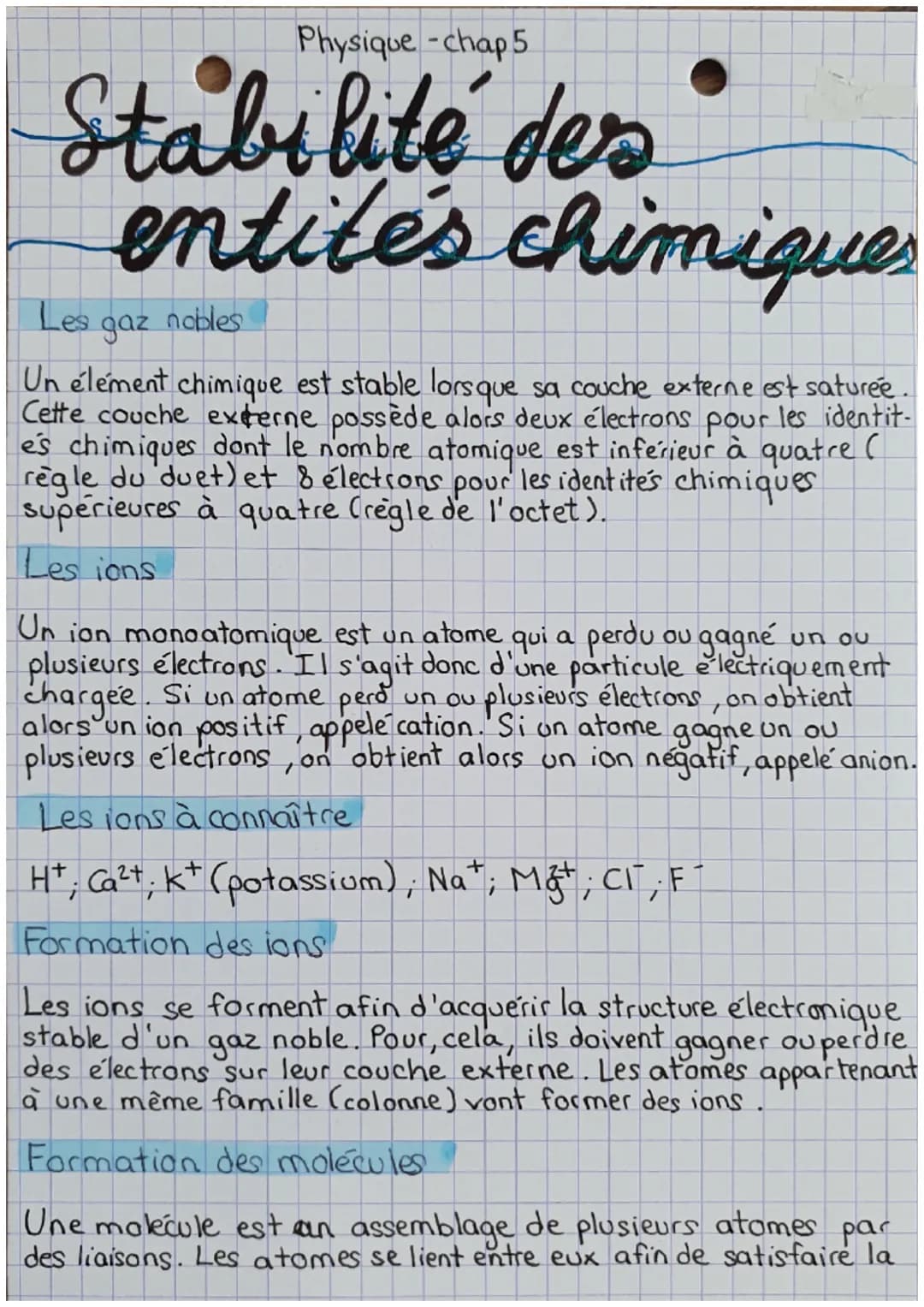 Physique -chap 5
Stabilité des
entites chimiques
Les
gaz nobles
Un élément chimique est stable lorsque sa couche externe est saturée.
Cette 