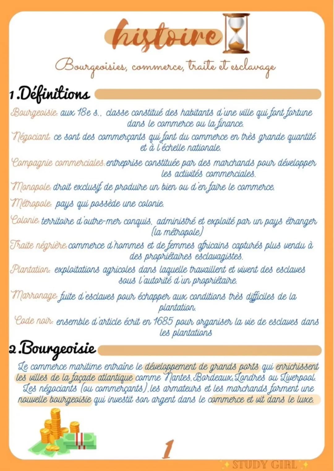 histoire
Bourgeoisies, commerce, traite et esclavage
1. Définitions
Bourgeoisie aux 18e s.. classe constitué des habitants d'une ville qui f