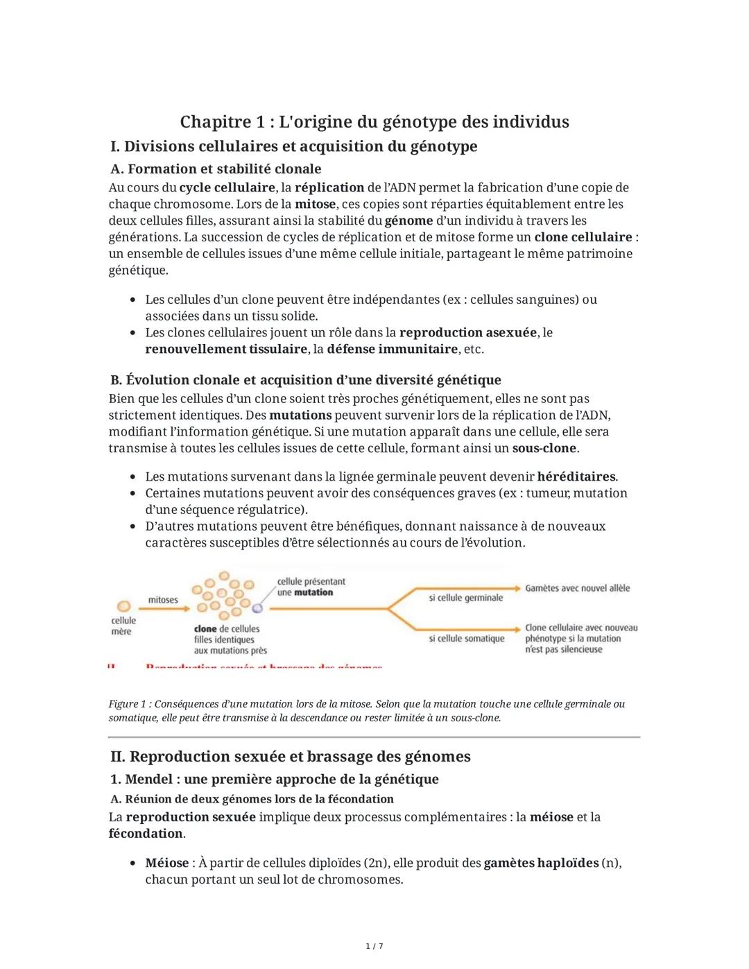 # Chapitre 1 : L'origine du génotype des individus

# I. Divisions cellulaires et acquisition du génotype

## A. Formation et stabilité clon