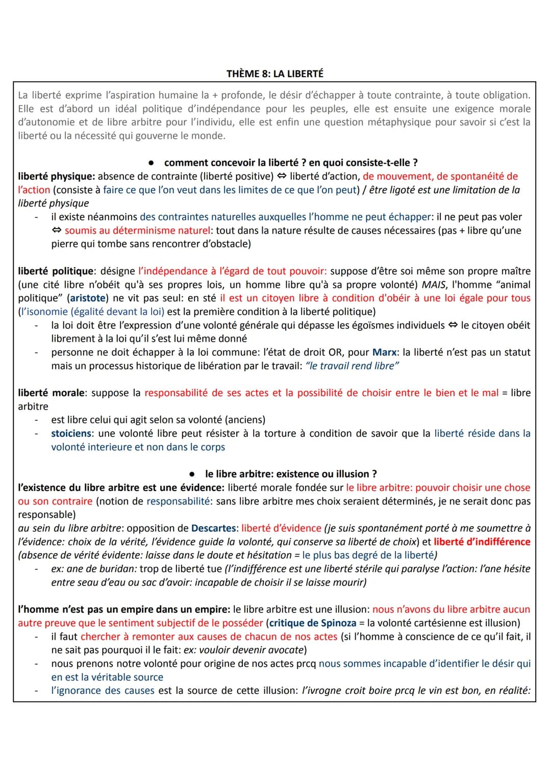 THÈME 8: LA LIBERTÉ
La liberté exprime l'aspiration humaine la + profonde, le désir d'échapper à toute contrainte, à toute obligation.
Elle 