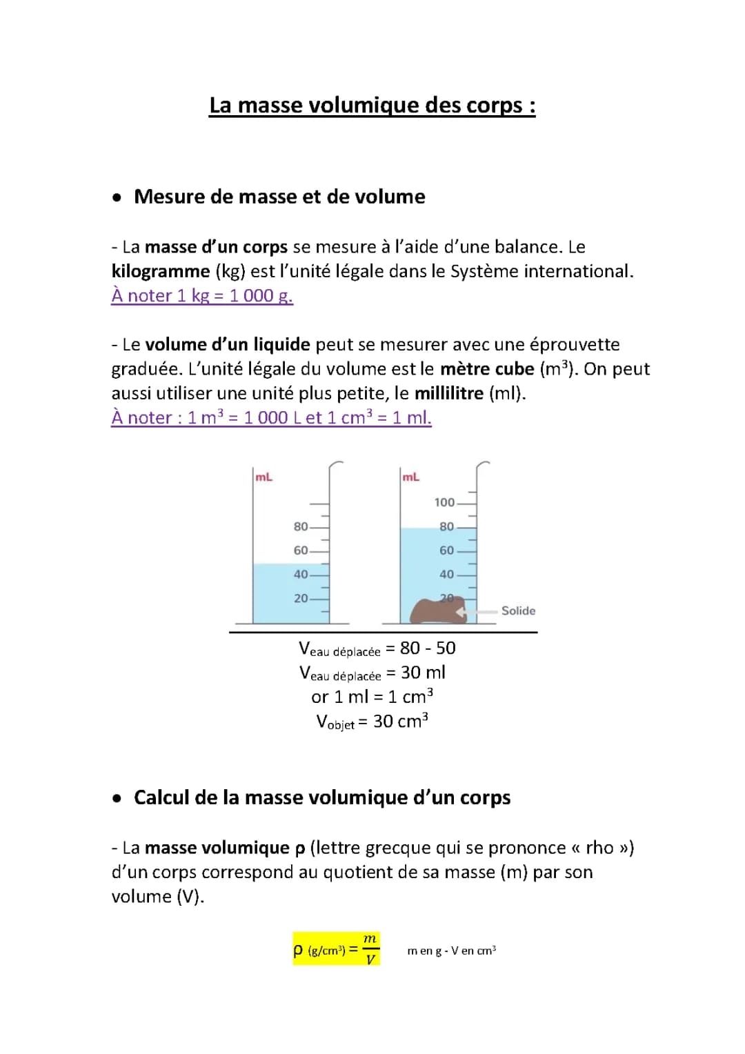Comment mesurer et calculer la masse volumique d'un solide et de l'eau