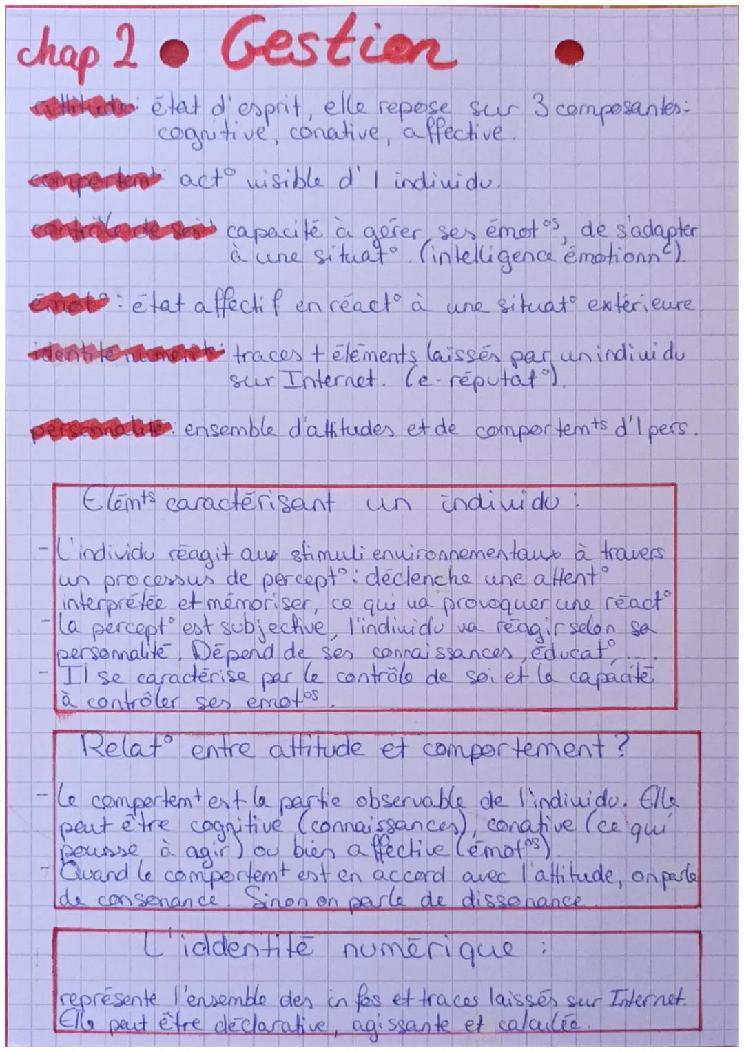 chap 2● Gestion
i état d'esprit, elle repose sur 3 composantes:
cognitive, conative, affective
competent act visible d' I individu
de
capaci
