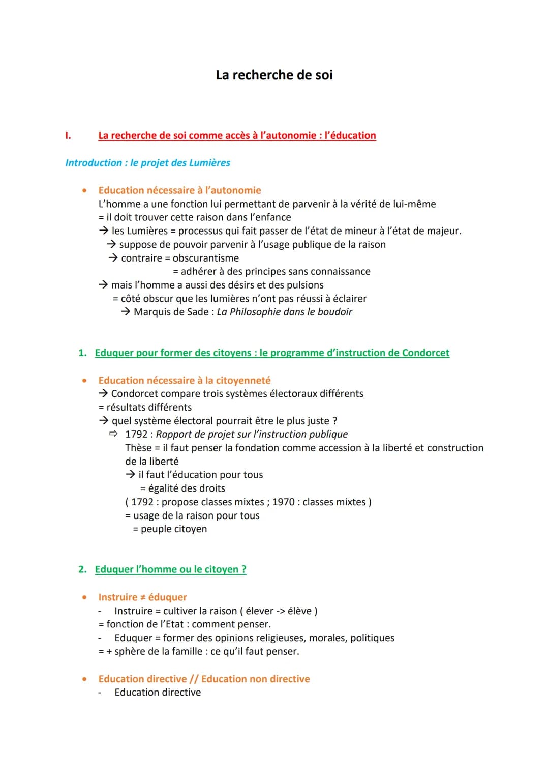 I.
La recherche de soi
La recherche de soi comme accès à l'autonomie : l'éducation
Introduction : le projet des Lumières
Education nécessair