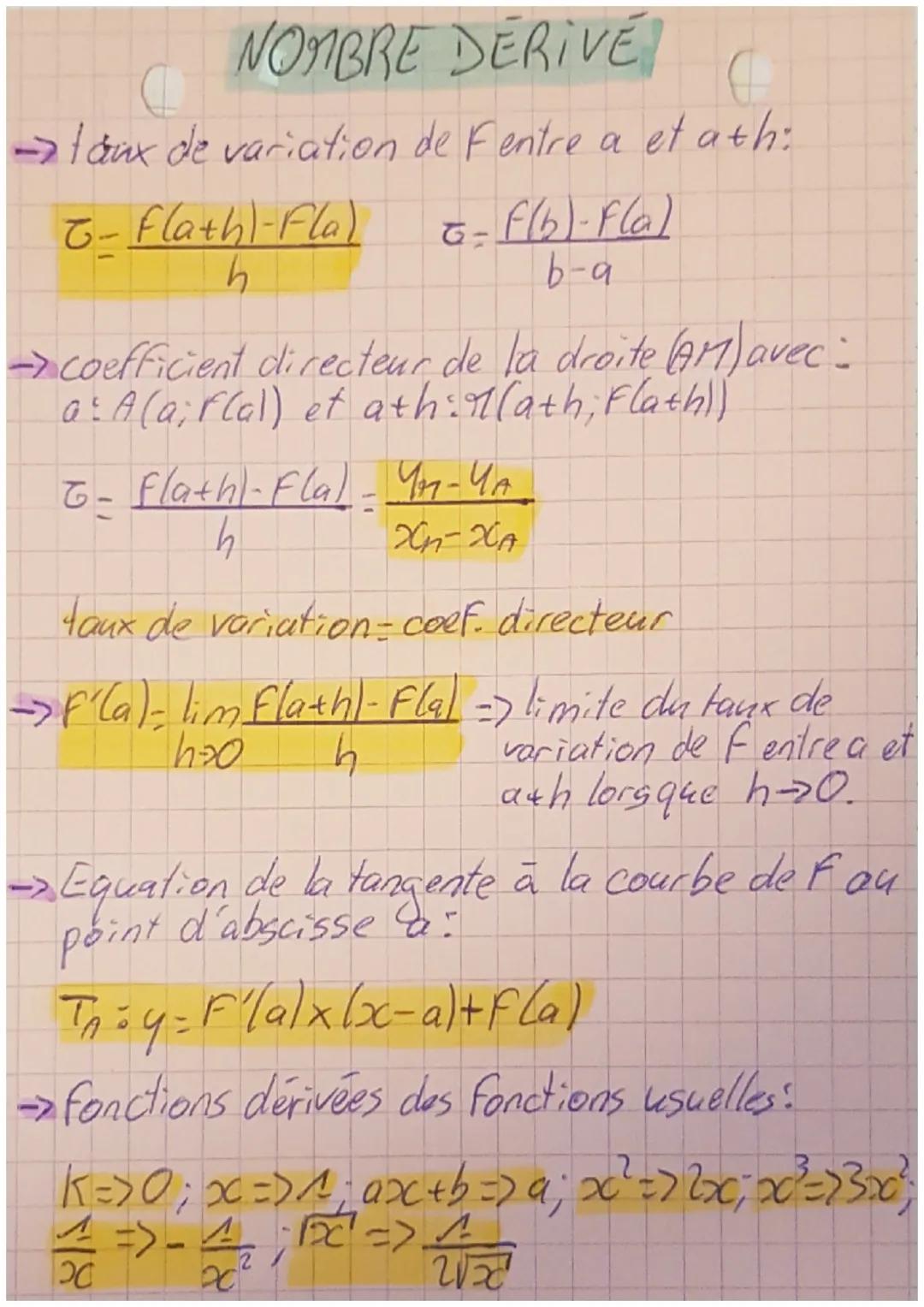 # NOMBRE DERIVE

→taux de variation de Fentre a et ath:

$\tau$=$\frac{F(a+h)-F(a)}{h}$ $\tau$=$\frac{f(b)-F(a)}{b-a}$

→coefficient directe