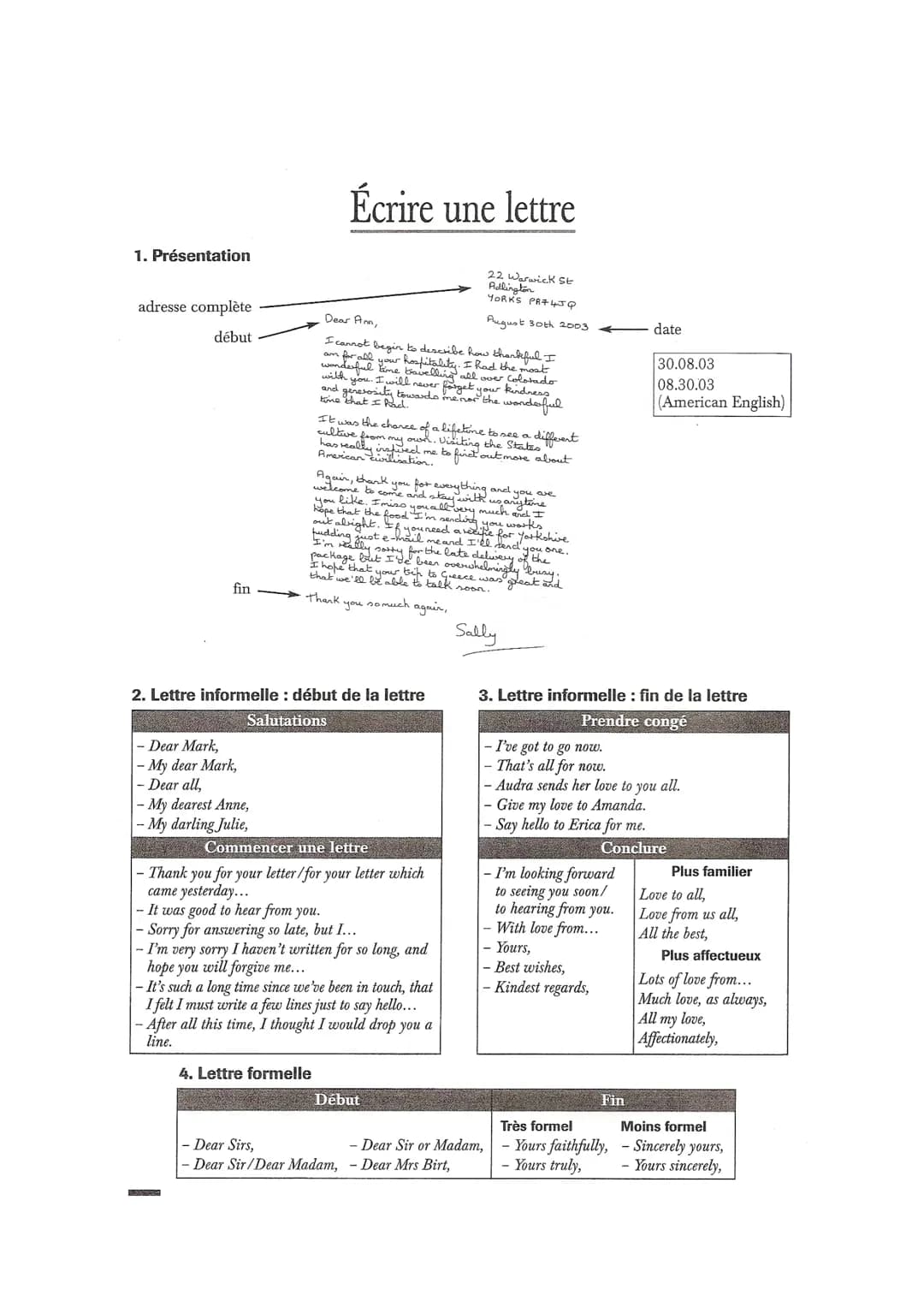 Ecrire une lettre / writing a letter / anglais
Il n'y a pas de difficulté à connaître adress, date, paragraph(s).
Closing formula = Formule 