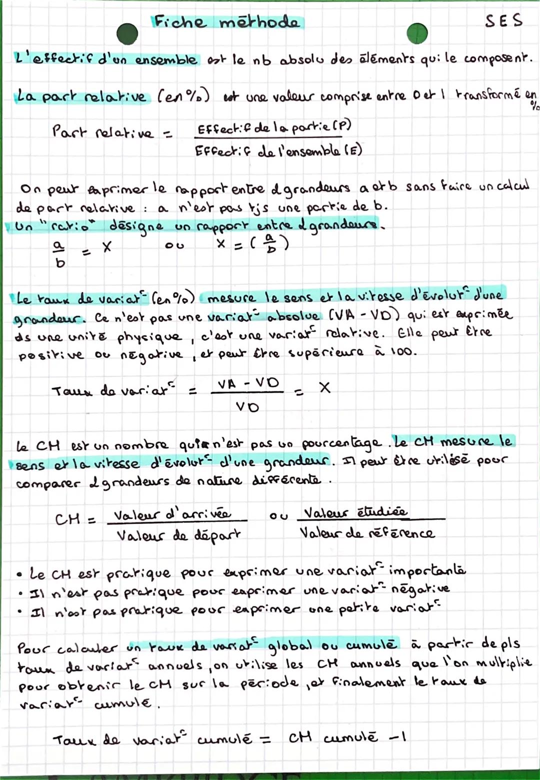 Fiche methode
SES
L'effectif d'un ensemble est le nb absolu des éléments qui le composent.
La part relative (en %) est une valeur comprise e