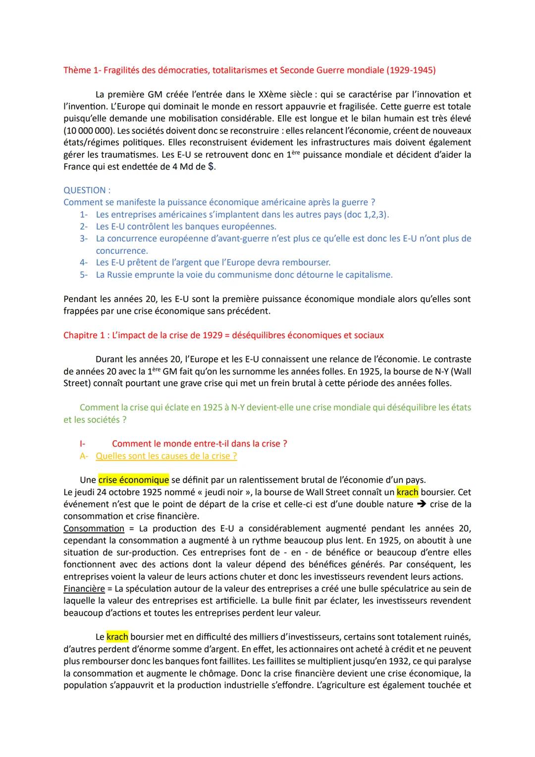 Thème 1- Fragilités des démocraties, totalitarismes et Seconde Guerre mondiale (1929-1945)
La première GM créée l'entrée dans le XXème siècl