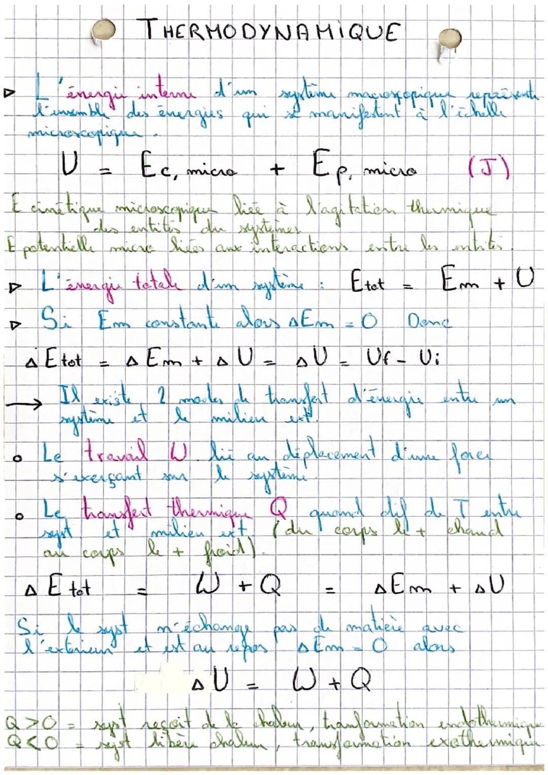 # THERMODYNAMIQUE

▷ L'énergie interne d'un système macroscopique représente
l'ensemble des énergies qui se manifestent à l'échelle
microsco