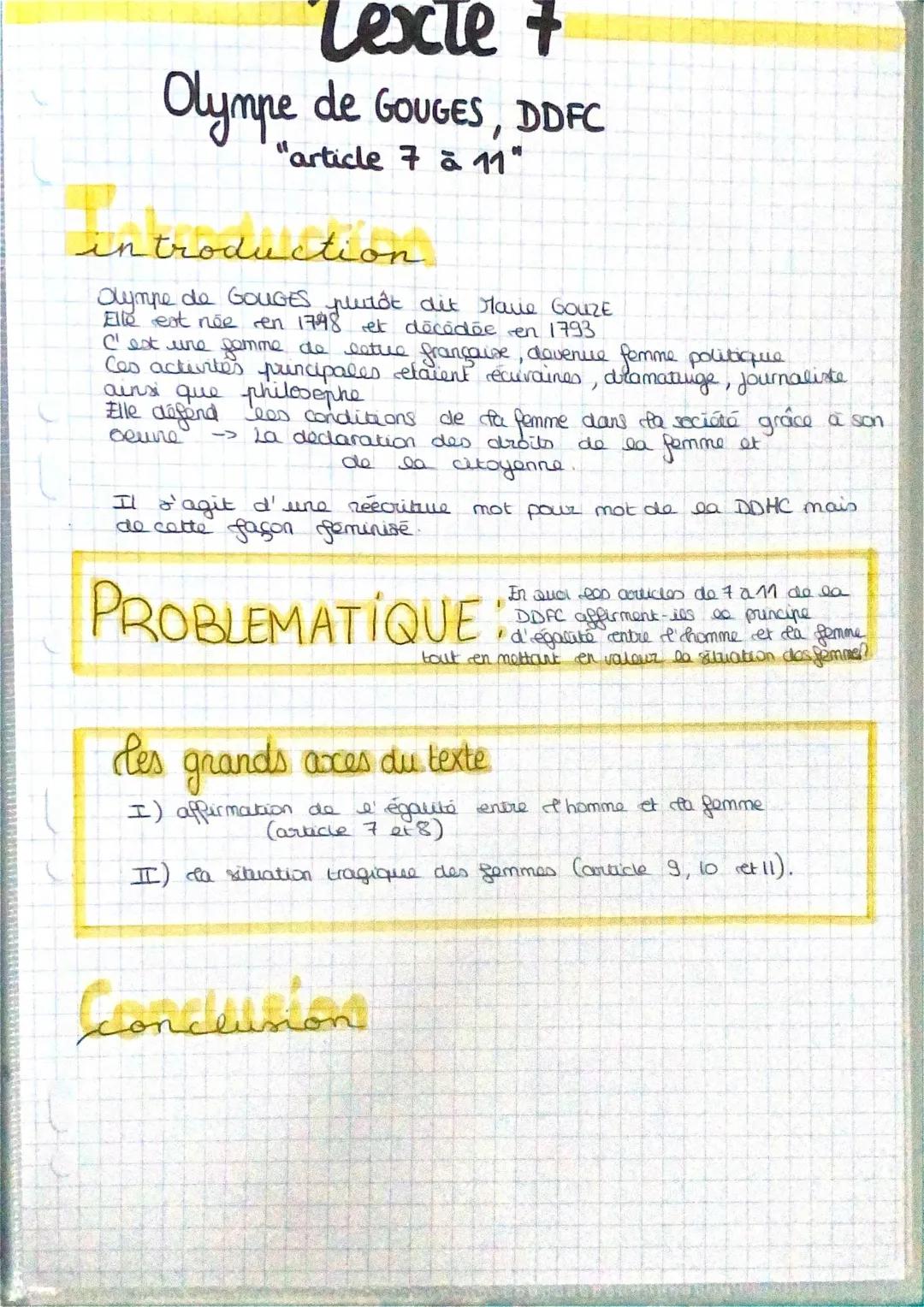 Analyse linéaire Olympe de Gouges : Préambule, Postambule, Articles 7 à 11 DDFC