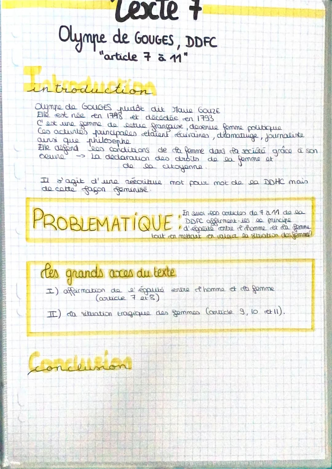 Texte &
Olympe de GOUGES, DDFC
"article 7 à 11"
introduction
Olympe de GOUGES plutôt dit Mave GOUZE
Elle est née en 1798 et décédée en 1793
