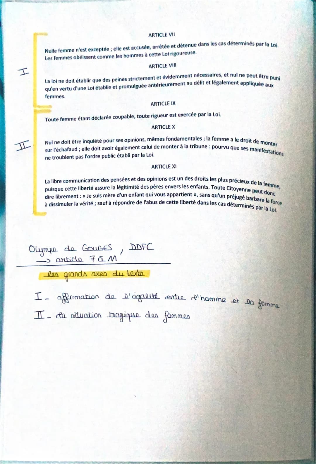 Texte &
Olympe de GOUGES, DDFC
"article 7 à 11"
introduction
Olympe de GOUGES plutôt dit Mave GOUZE
Elle est née en 1798 et décédée en 1793
