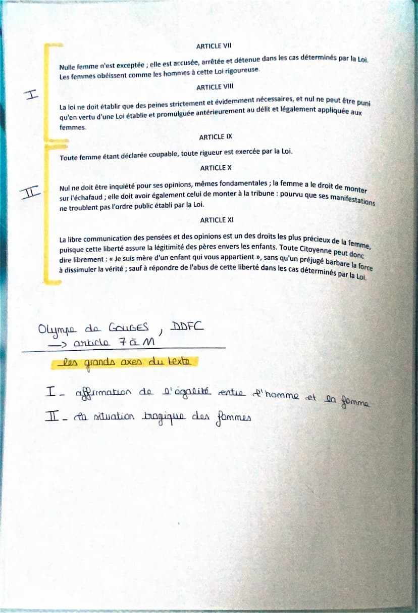 Texte &
Olympe de GOUGES, DDFC
"article 7 à 11"
introduction
Olympe de GOUGES plutôt dit Mave GOUZE
Elle est née en 1798 et décédée en 1793

