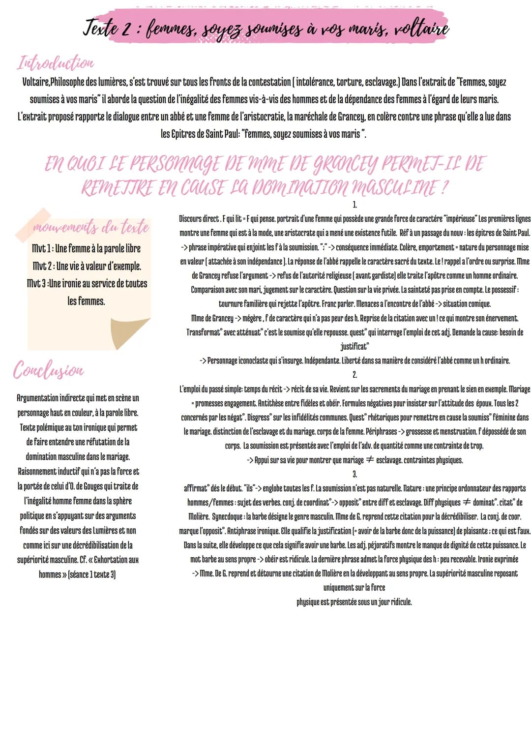 Texte 2: femmes, soyez soumises à vos maris, voltaire
Introduction
Voltaire, Philosophe des lumières, s'est trouvé sur tous les fronts de la
