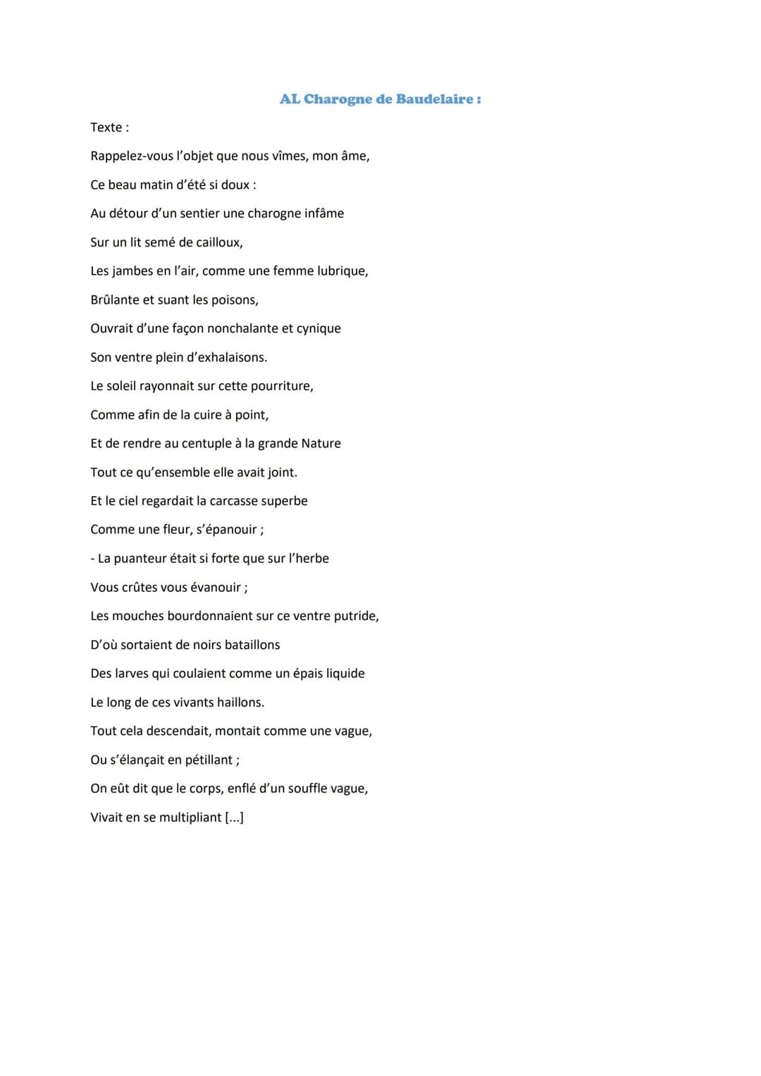 Analyse Linéaire Charogne de Baudelaire