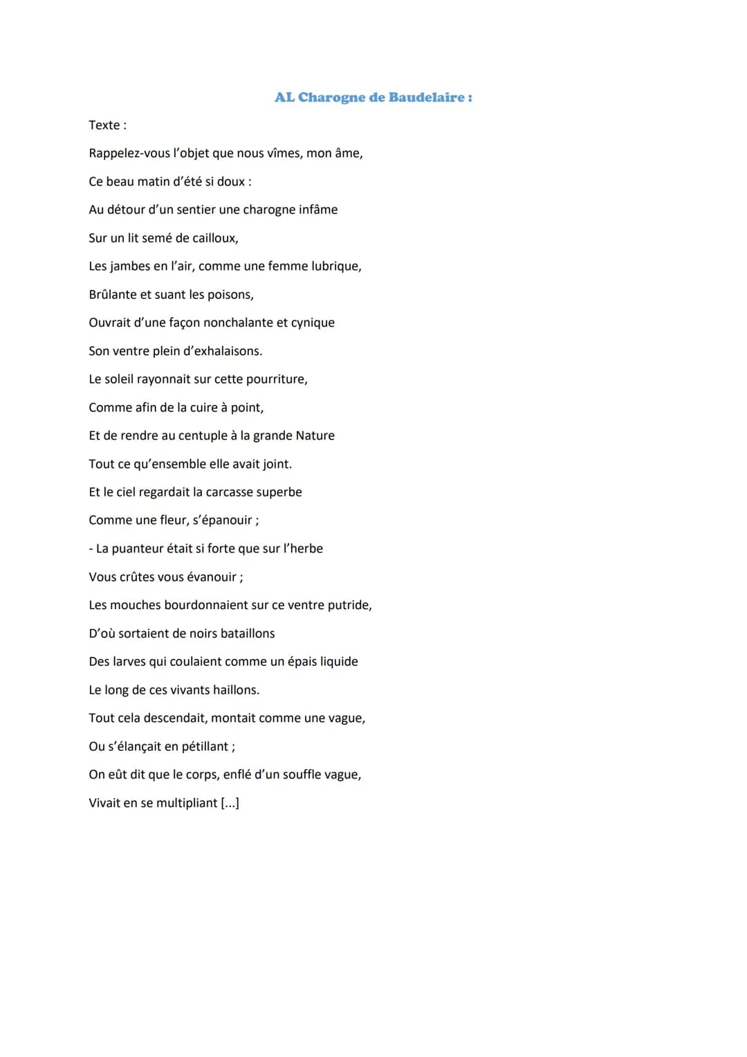 Texte:
AL Charogne de Baudelaire :
Rappelez-vous l'objet que nous vîmes, mon âme,
Ce beau matin d'été si doux :
Au détour d'un sentier une c