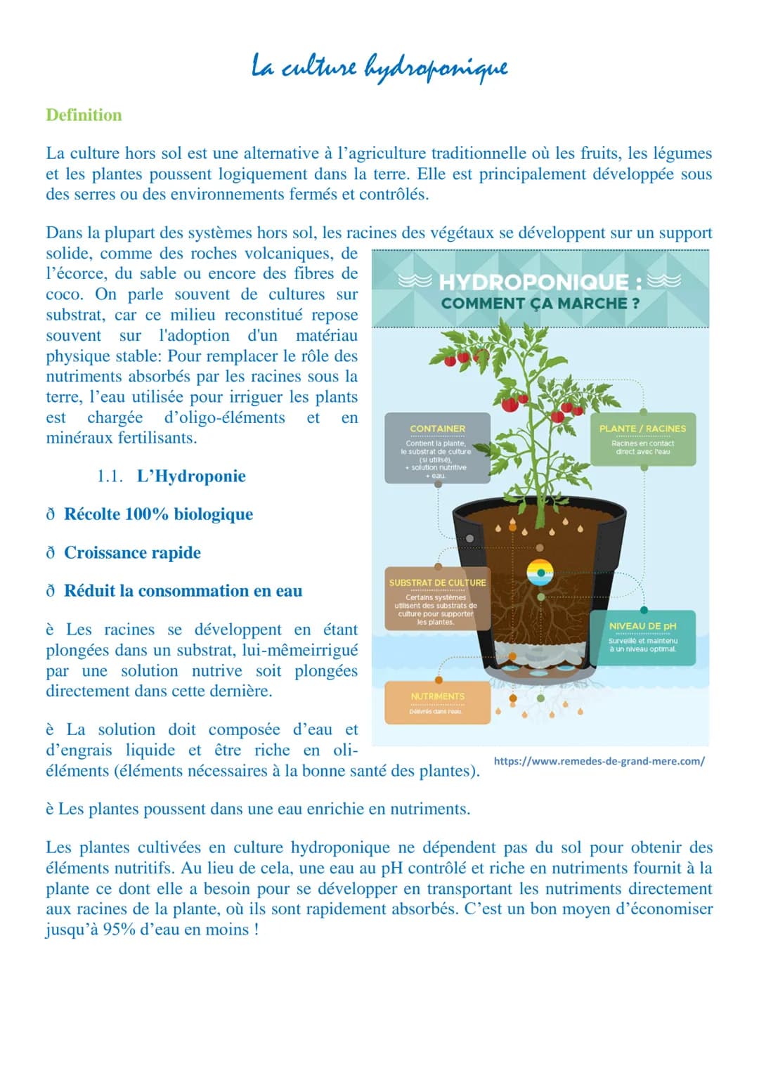 Definition
la culture hydroponique
La culture hors sol est une alternative à l'agriculture traditionnelle où les fruits, les légumes
et les 