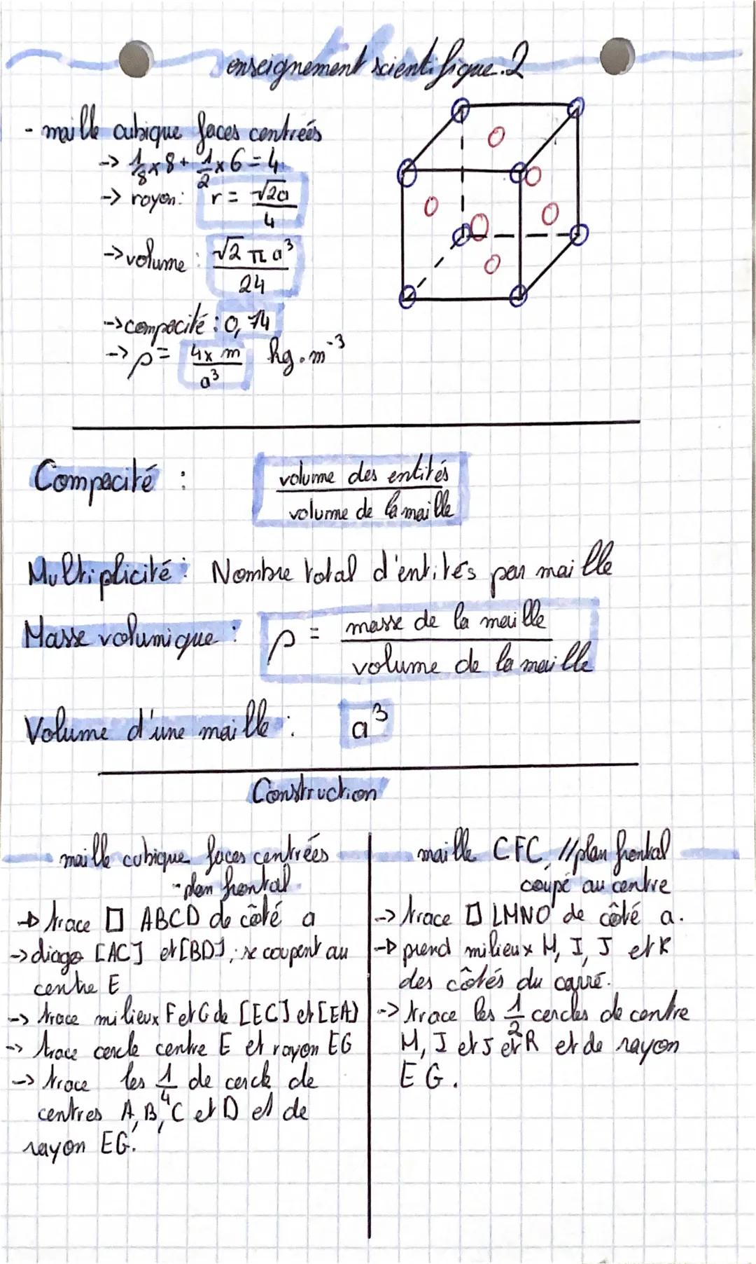 Cristallographie
Vaube = c3
→ 7systèmes cristallins (don't cubique)
Les mailles cubigues:
- maille cubique simple:
->chaque sphère: 1 donc v