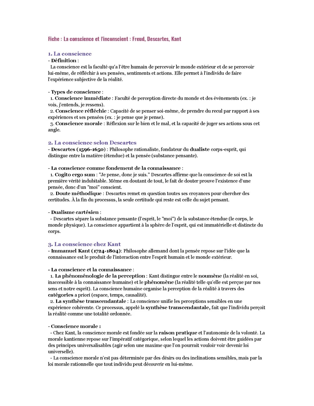 Fiche : La conscience et l'inconscient : Freud, Descartes, Kant