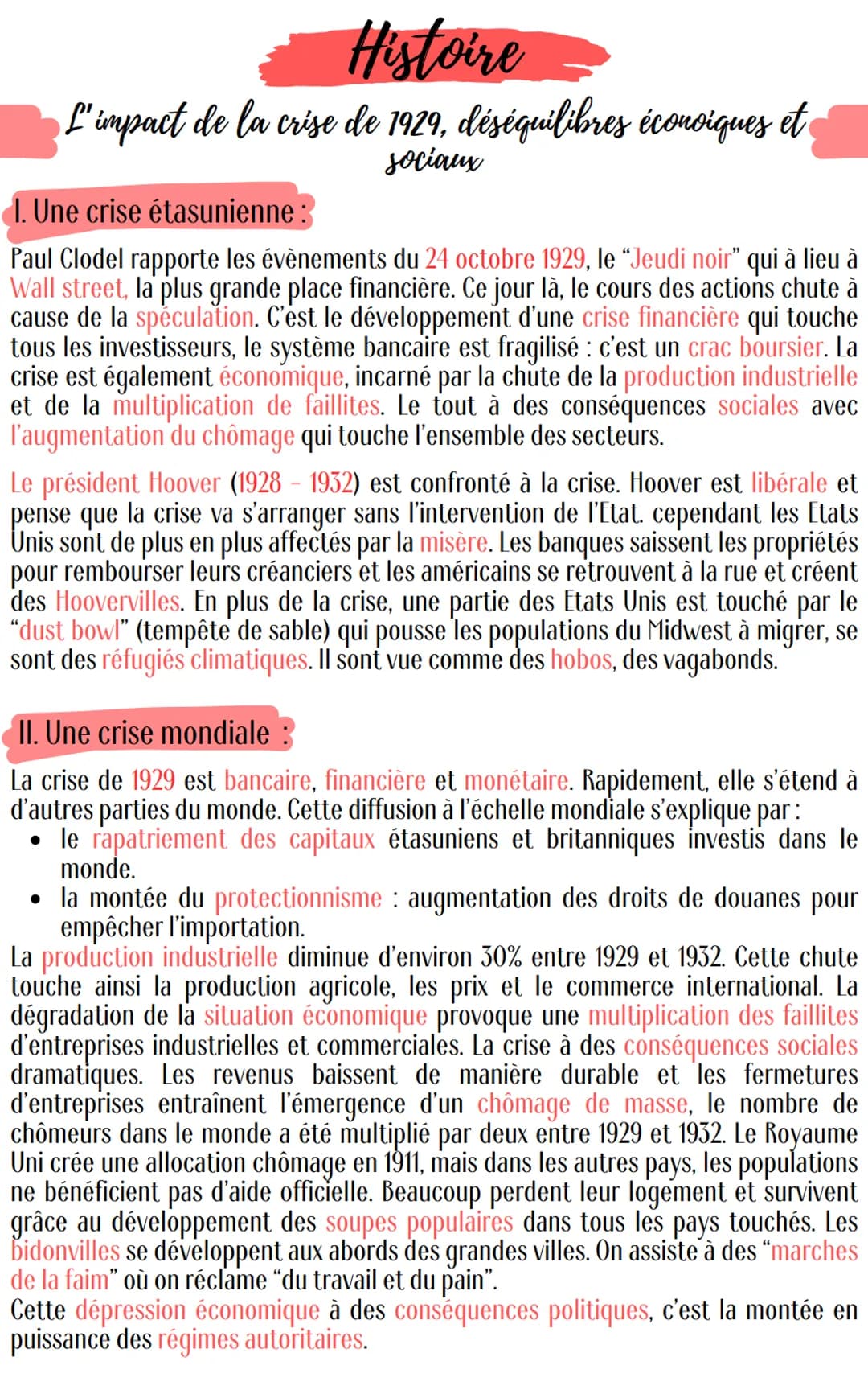 Histoire
L'impact de la crise de 1929, déséquilibres éconoiques et
sociaux
1. Une crise étasunienne
Paul Clodel rapporte les évènements du 2
