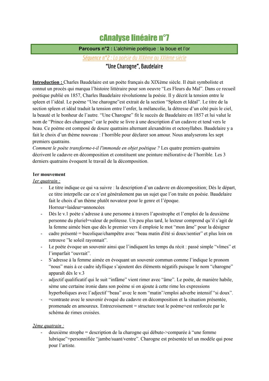 cAnalyse linéaire n°7
Parcours n°2 : L'alchimie poétique : la boue et l'or
Séquence n°2 : La poésie du XIXème au XXIème siècle
"Une Charogne