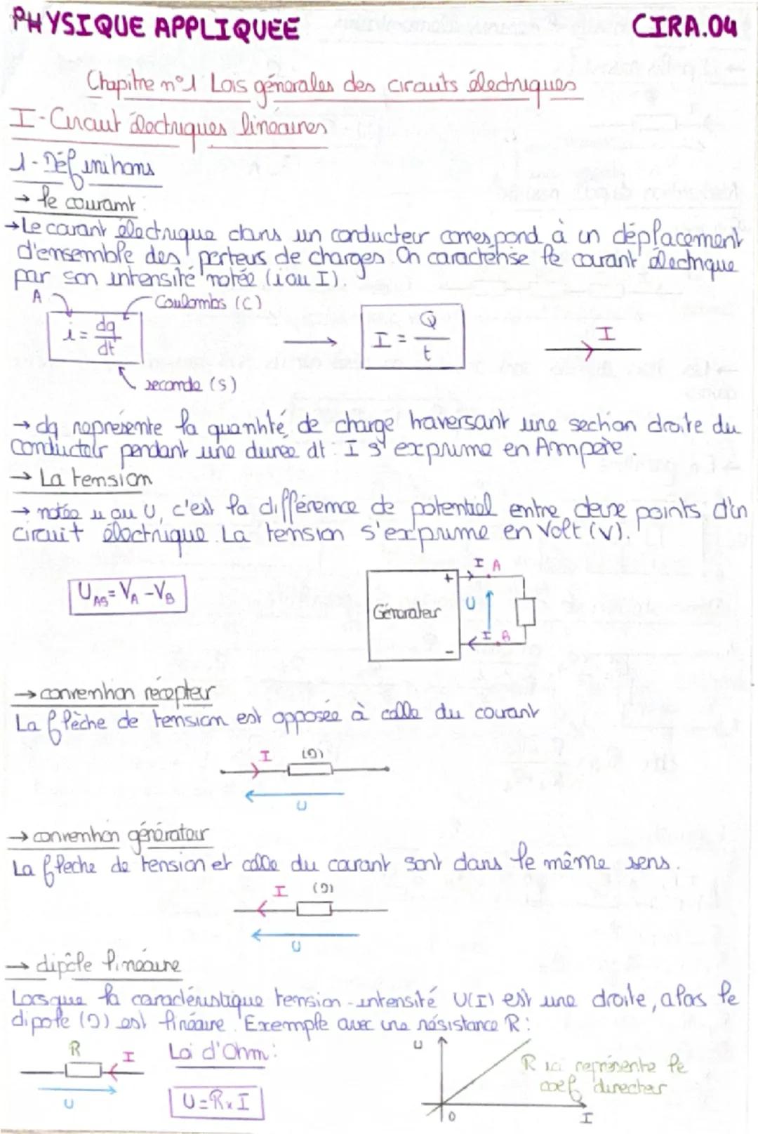 # PHYSIQUE APPLIQUEE

Chapitne n°1 Lois génerales des cirants électriques

I-Ceraut lectriques lineaures

1-Défini hans

→ le couram

CIRA.0