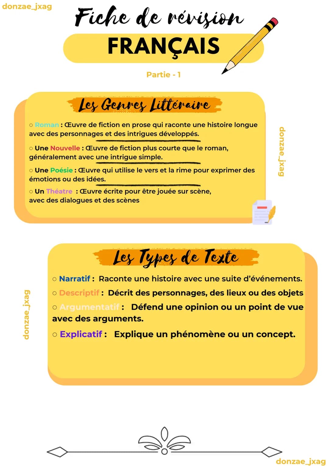 donzae_jxag
donzae_jxag
Fiche de révision
FRANÇAIS
Partie - 1
- Les Genres Littéraire
o Roman: Œuvre de fiction en prose qui raconte une his