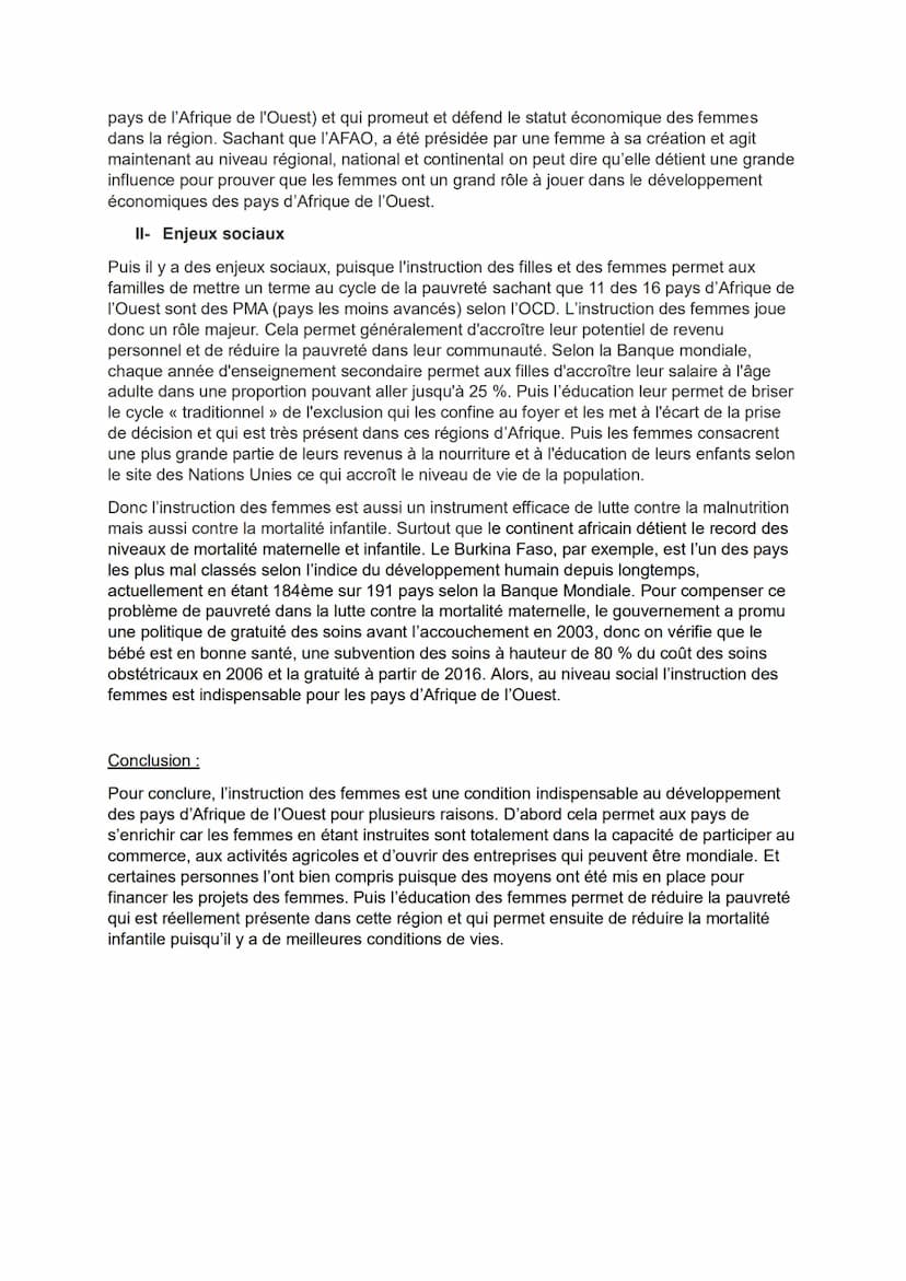 L'instruction des femmes est-elle une condition indispensable au développement des
pays d'Afrique de l'Ouest ?
Introduction :
Bonjour, je m'
