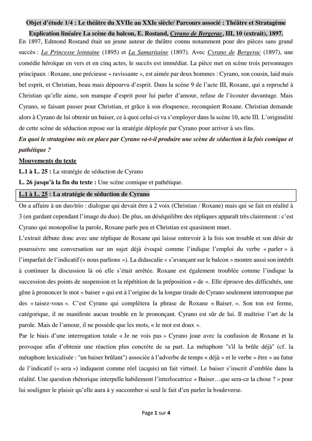 Analyse linéaire Cyrano de Bergerac Acte 3, Scène 10 - Scène du Balcon et questions