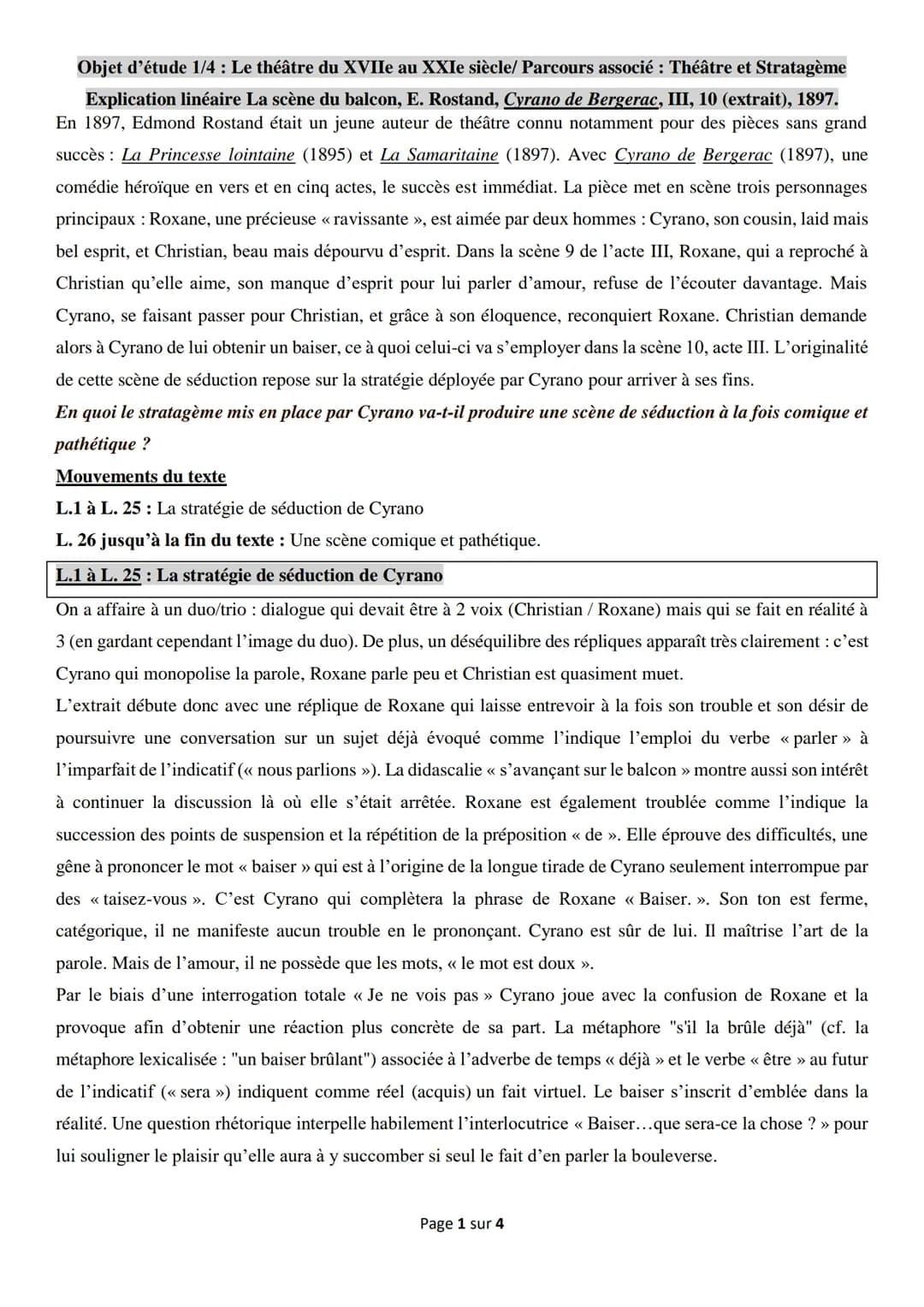 Objet d'étude 1/4 : Le théâtre du XVIIe au XXIe siècle/ Parcours associé : Théâtre et Stratagème
Explication linéaire La scène du balcon, E.
