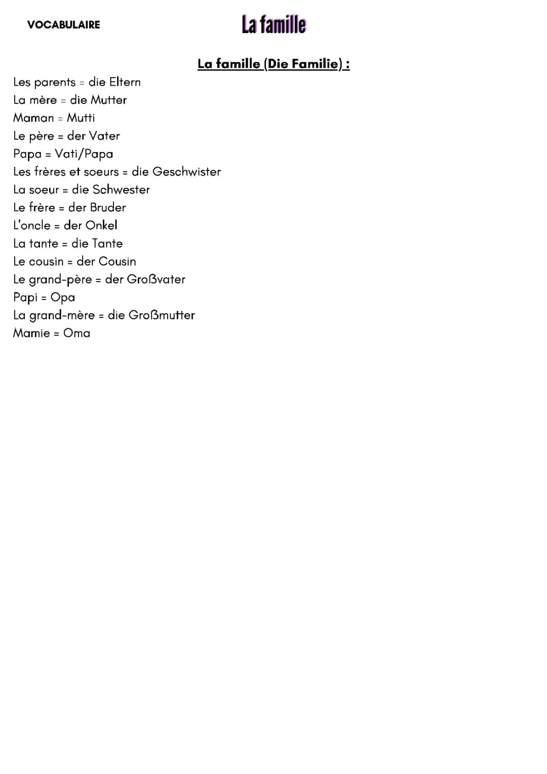 Vocabulaire et Exercices sur la Famille en Allemand PDF