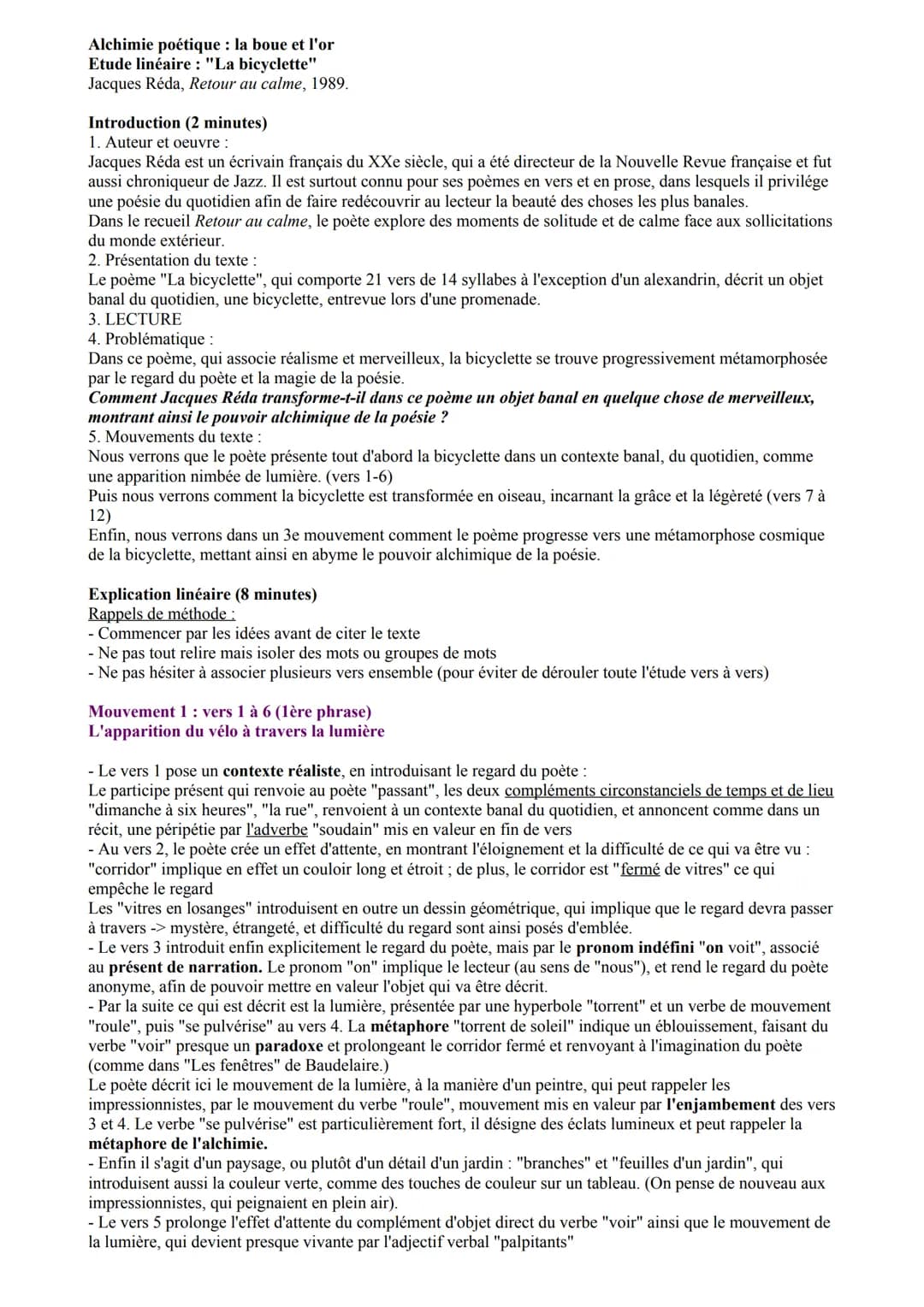 Alchimie poétique : la boue et l'or
Etude linéaire: "La bicyclette"
Jacques Réda, Retour au calme, 1989.
Introduction (2 minutes)
1. Auteur 