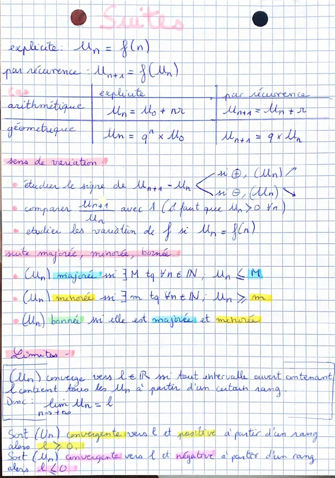 explicite: Un = f(n)
par récurence : Un+1 = f(Un)
arithmétique
géometrique
sens de variation :
- étudier le signe de Un+1 - Un
- comparer \(