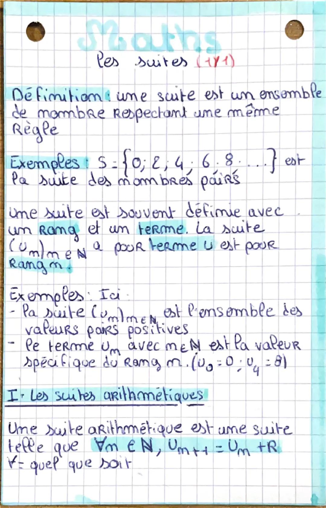 # Swaths.

Pes suites (11)

Définition, une suite est un ensemble
de mombre Respectant une même
Règle

Exemples: S={0; 2,4; 6.8....} est
Pa 