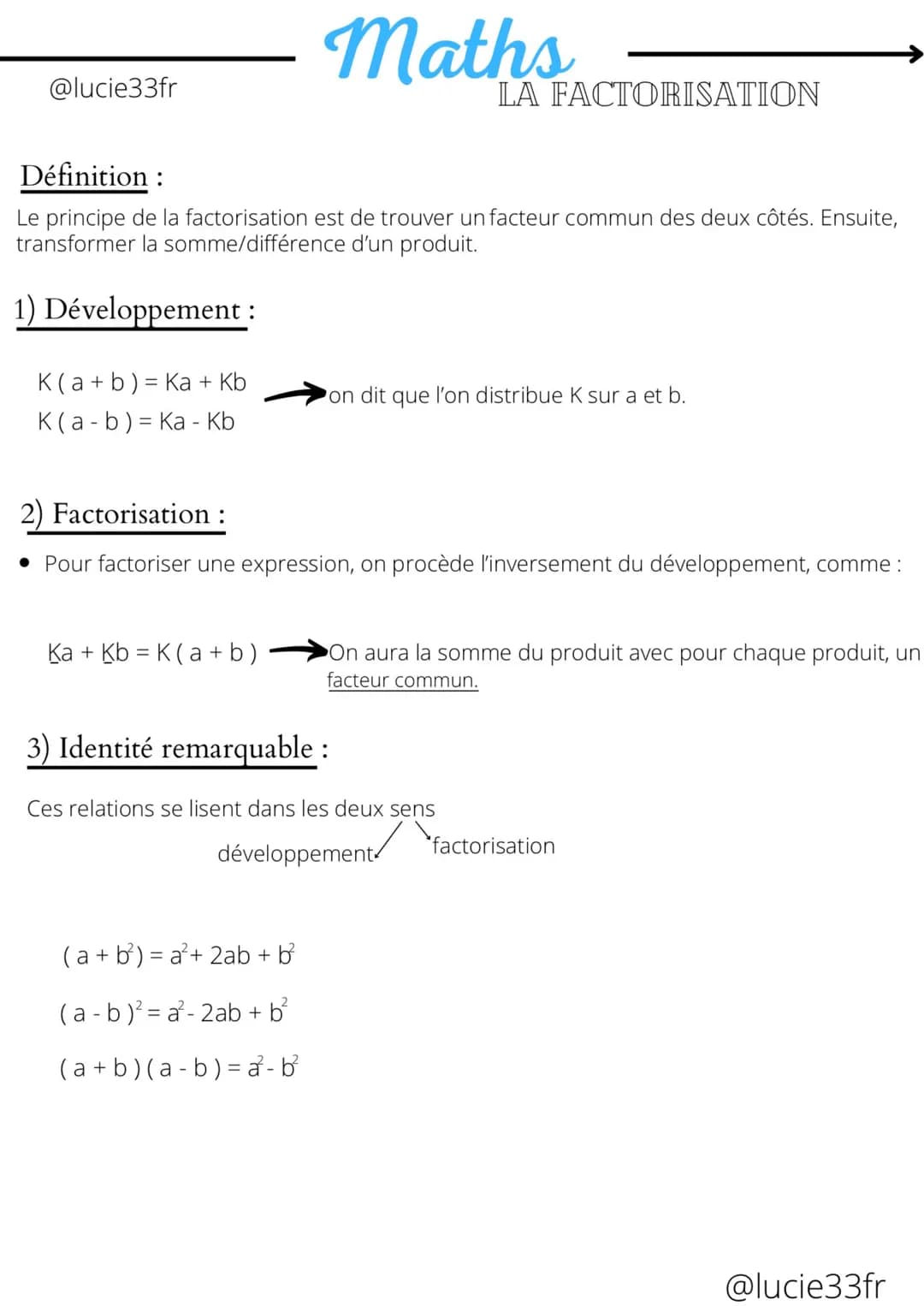 @lucie33fr
K(a + b) = Ka+ Kb
K(a - b) = Ka - Kb
Définition:
Le principe de la factorisation est de trouver un facteur commun des deux côtés.