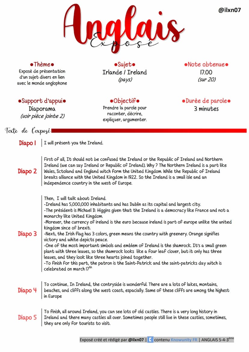 Anglais
Exposé / oral
Irlande
Diaporama créé par @ilxn07 | contenu Knowunity FR | ANGLAIS 5-4-3ème Thème.
Exposé de présentation
d'un sujet 