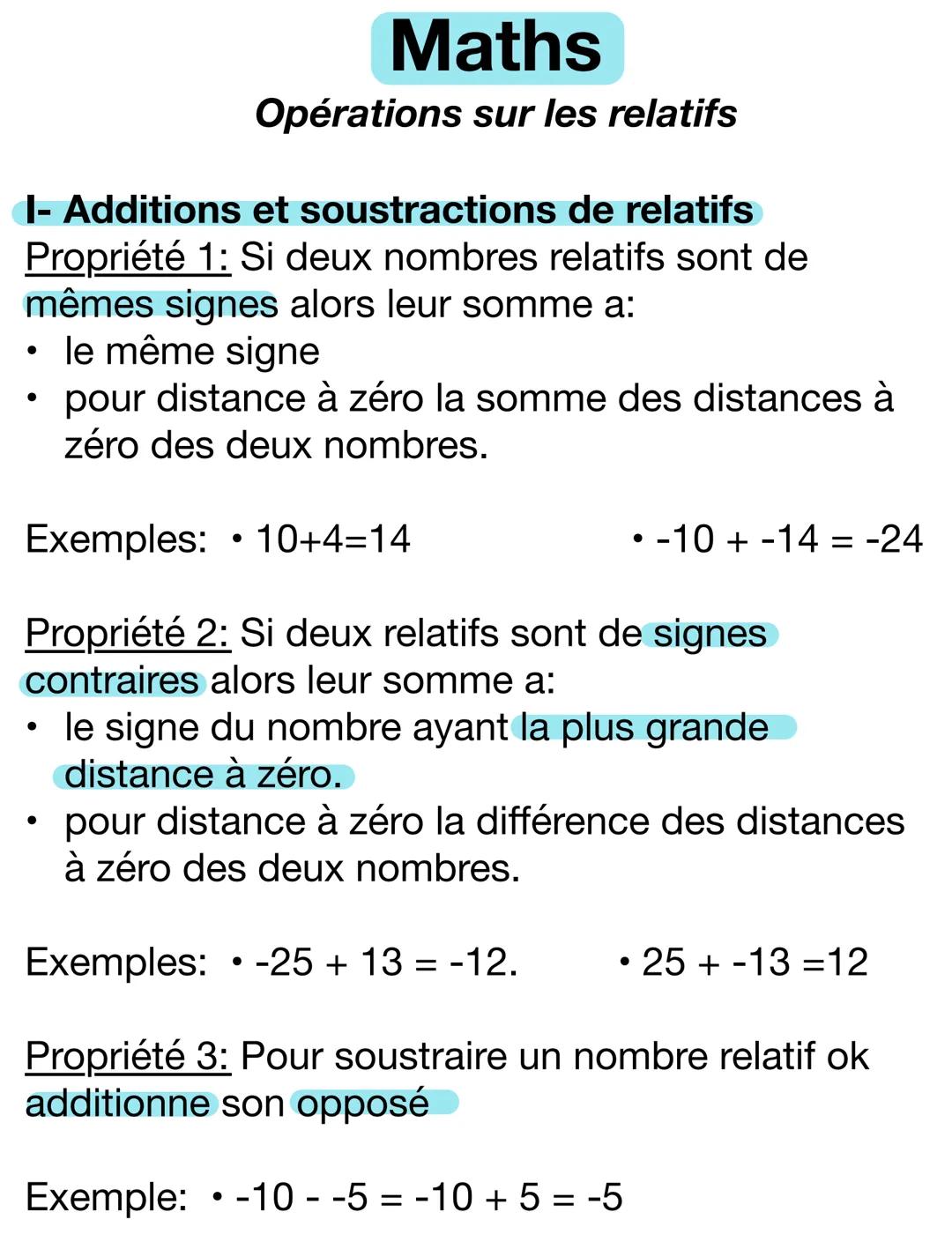 I- Additions et soustractions de relatifs
Propriété 1: Si deux nombres relatifs sont de
mêmes signes alors leur somme a:
●
• le même signe
M
