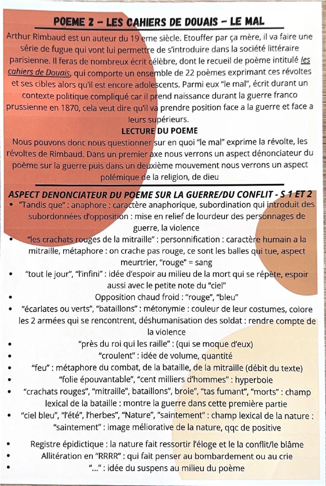 POEME 2 - LES CAHIERS DE DOUAIS - LE MAL
Arthur Rimbaud est un auteur du 19 eme siècle. Etouffer par ça mère, il va faire une
série de fugue