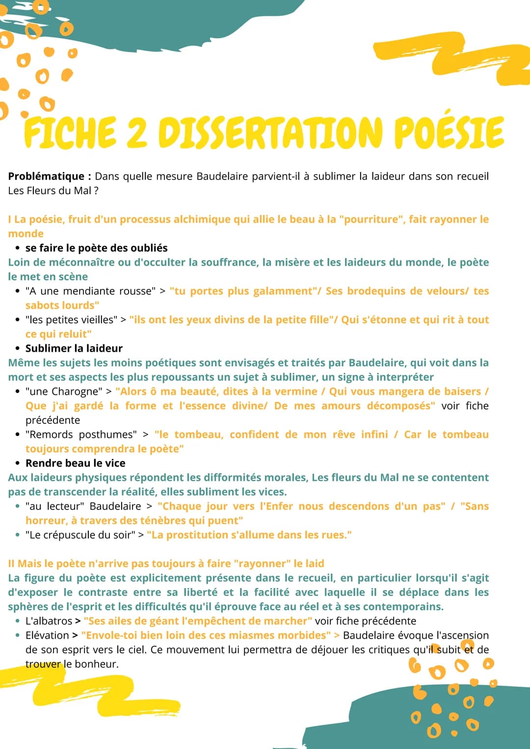 FICHE 2 DISSERTATION POÉSIE
Problématique : Dans quelle mesure Baudelaire parvient-il à sublimer la laideur dans son recueil
Les Fleurs du M