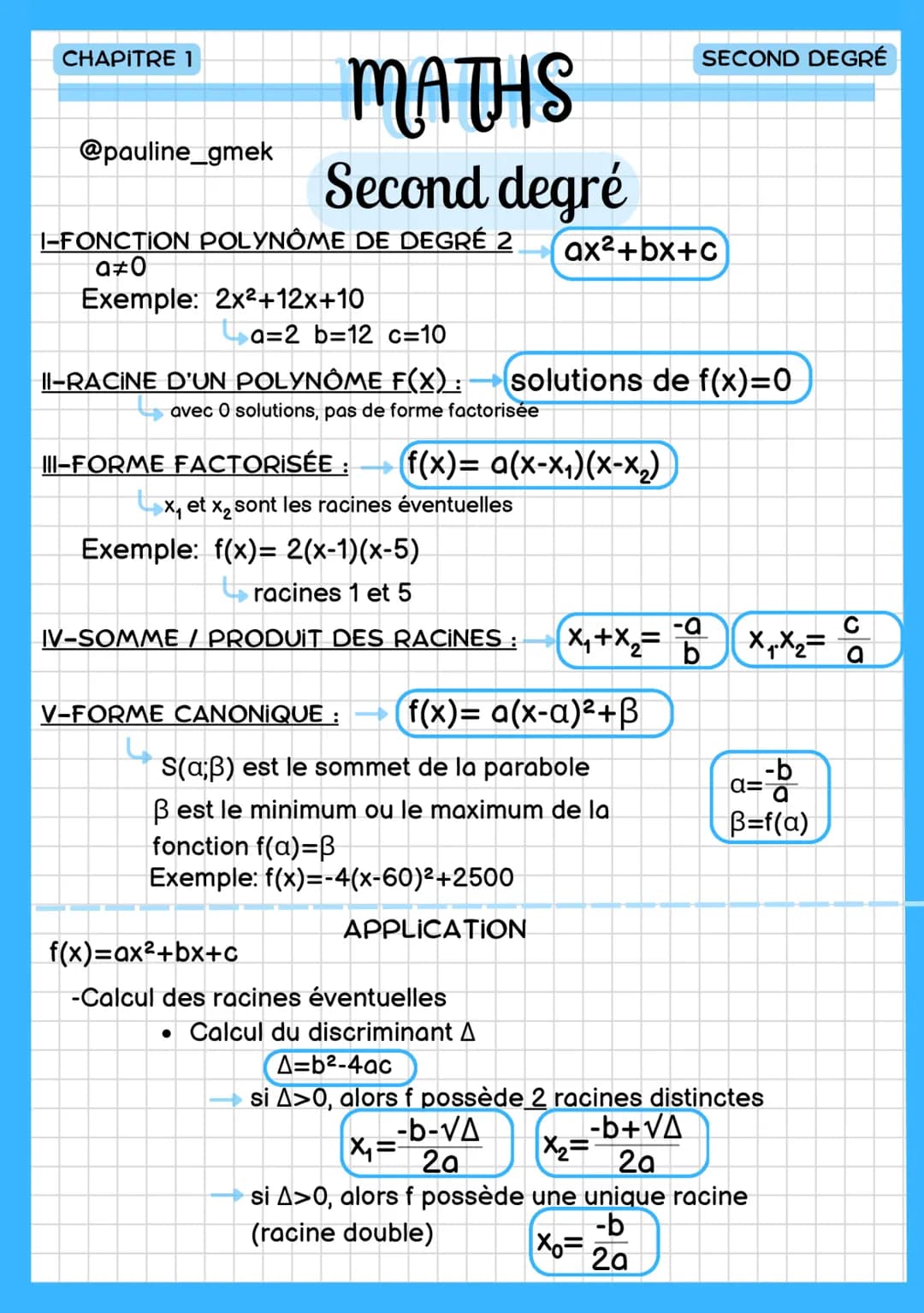 CHAPITRE 1
@pauline_gmek
MATHS
Second degré
I-FONCTION POLYNÔME DE DEGRÉ 2
a#0
Exemple: 2x²+12x+10
a=2 b=12 C=10
II-RACINE D'UN POLYNÔME F(X