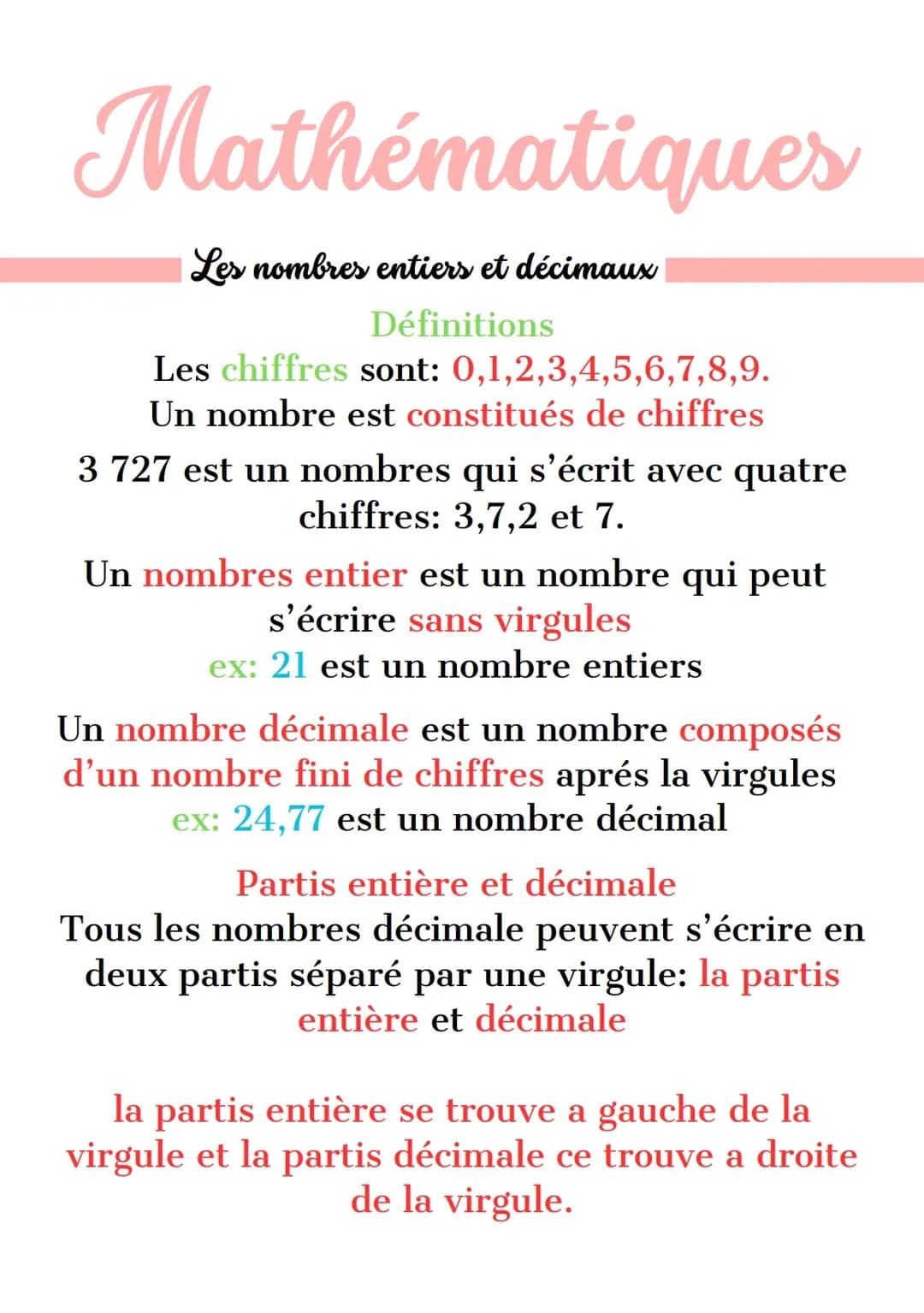 Les nombres entier et décimaux