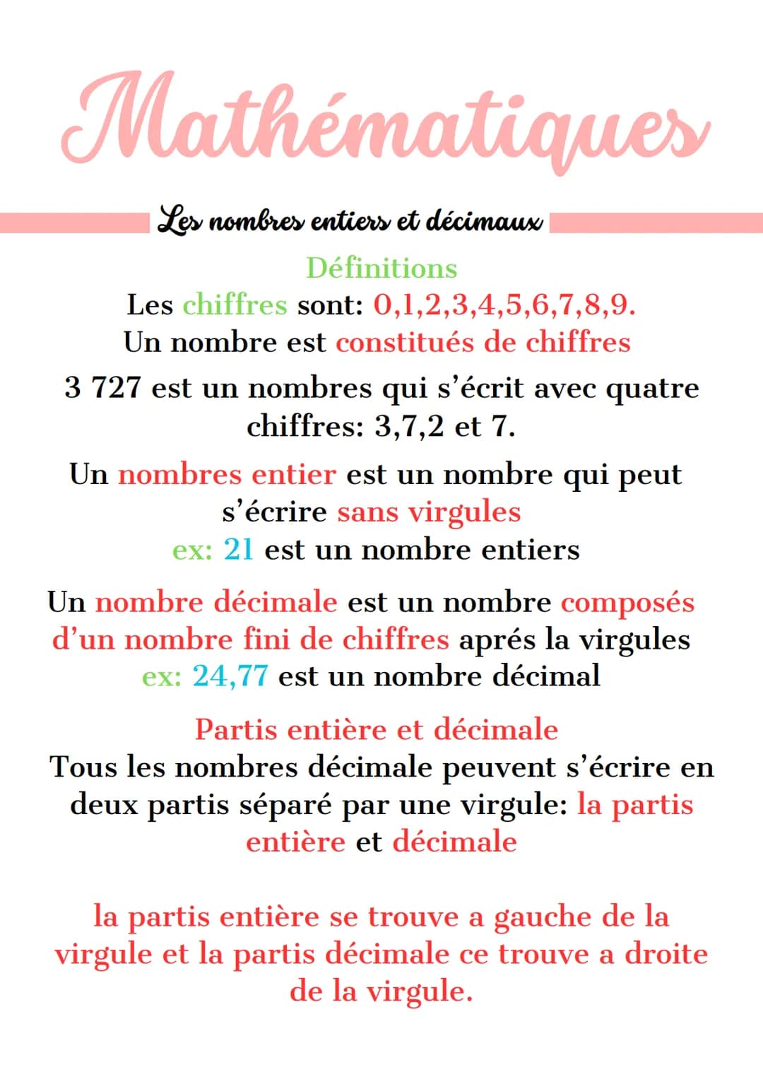 Mathématiques
Les nombres entiers et décimaux
Définitions
Les chiffres sont: 0,1,2,3,4,5,6,7,8,9.
Un nombre est constitués de chiffres
3 727