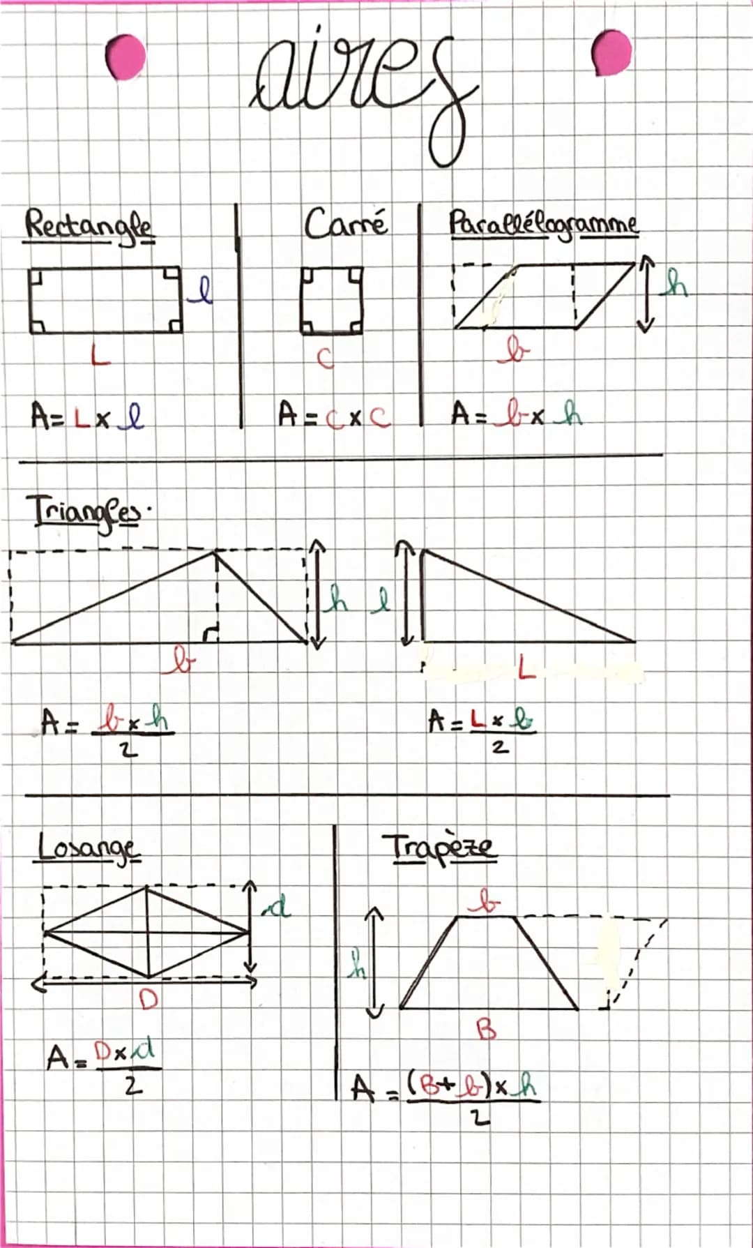 Cercle-Disque
P=2πTr
A=2
volumes
Parallélépipède rectangle
Cube
h
V = xlx h
V=CXCXC
Prisme droit
Cylindre de révolution
h
√ = a souve
xh
Pyr