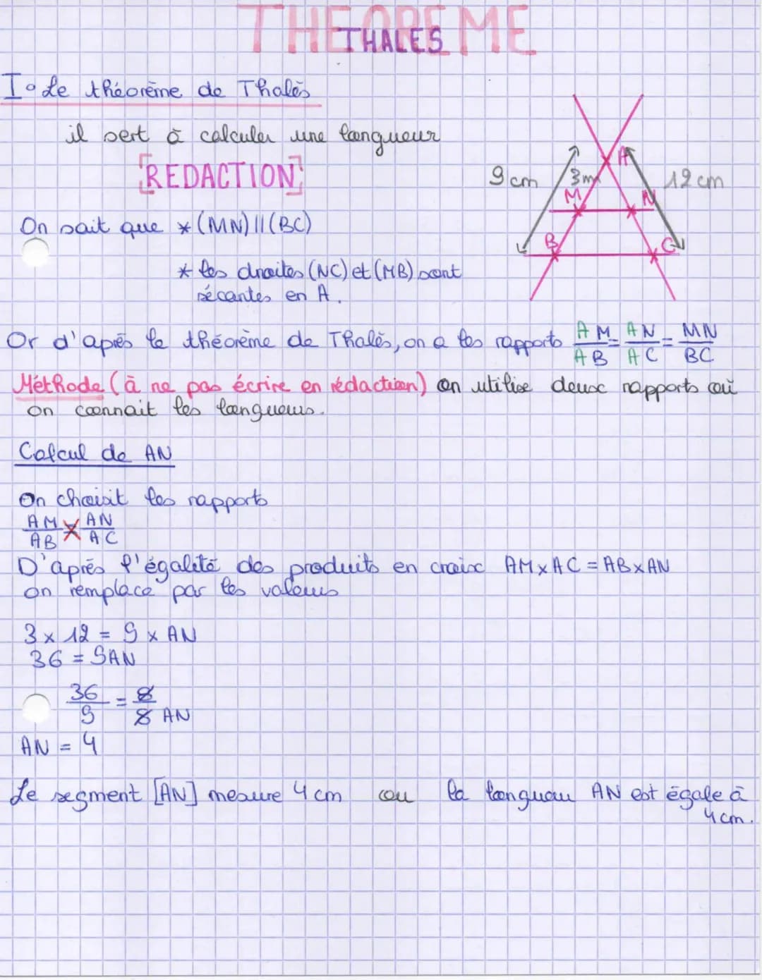 Tode theoreme de Thales
il sert à calculer une
REDACTION
On sait que *
* (MN) 11 (BC)
THE RACES ME
THALES
360
* les droites (NC) et (MB) son