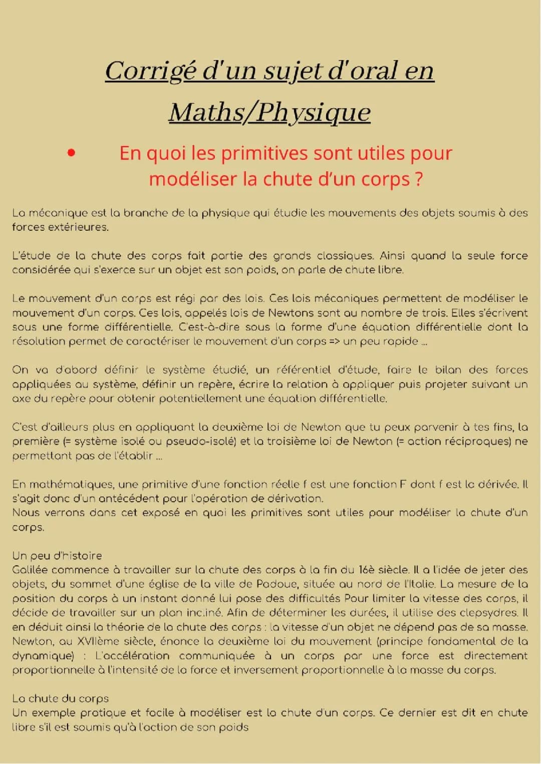 Analyse approfondie d'un sujet Grand oral en Maths/Physique : Chute d'un corps et primitives