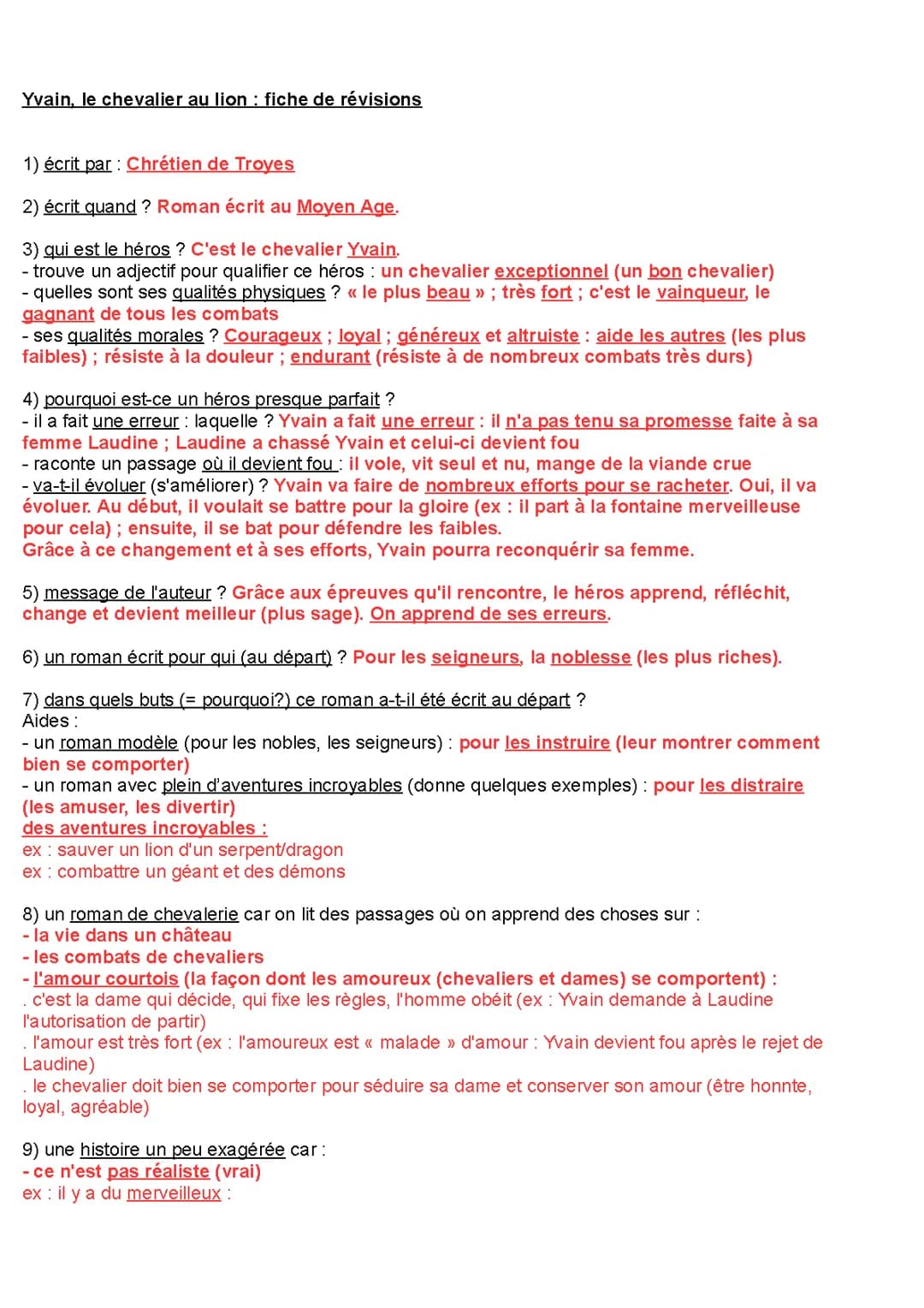 Yvain ou le Chevalier au Lion : Questionnaire Corrigé PDF, Résumés par Chapitre et Fiches de Lecture 5ème