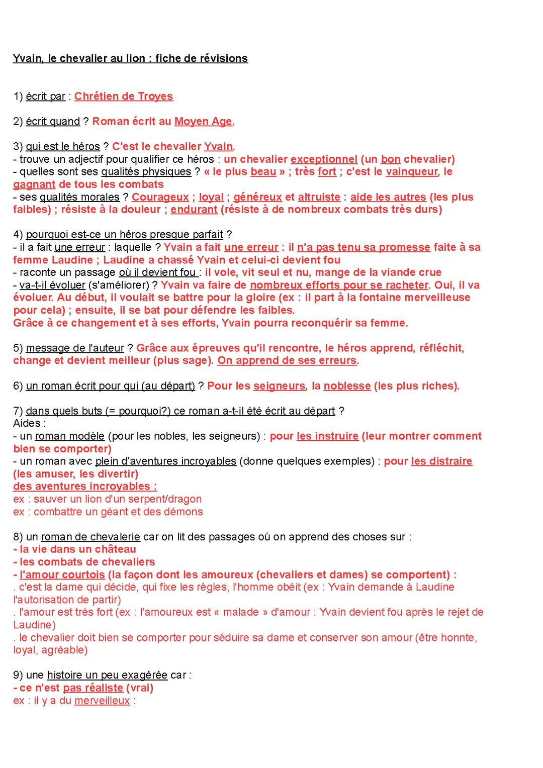 Yvain ou le Chevalier au Lion : Questionnaire Corrigé PDF, Résumés par Chapitre et Fiches de Lecture 5ème