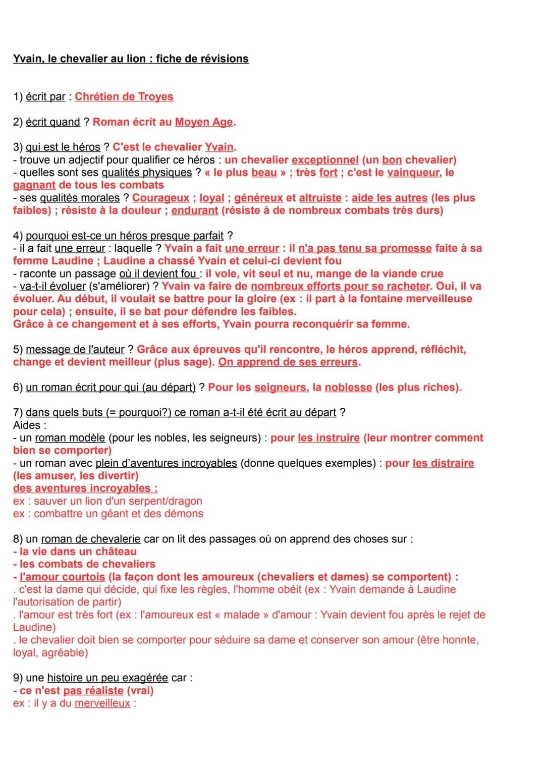 Yvain, le chevalier au lion : fiche de révisions
1) écrit par : Chrétien de Troyes
2) écrit quand ? Roman écrit au Moyen Age.
3) qui est le 